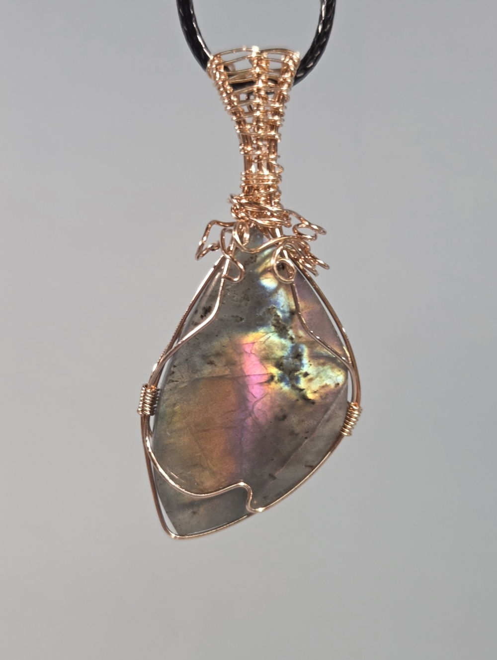Genuine 999 Bronze Wire Woven Pendant With Gorgeous Sunset Rainbow Labradorite